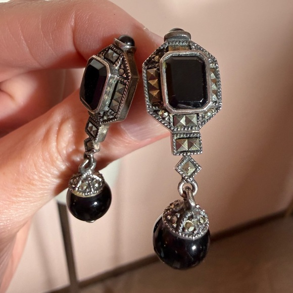 Judith Jack vintage Art Deco Sterling silver Onyx Dangle Earrings - Picture 10 of 16